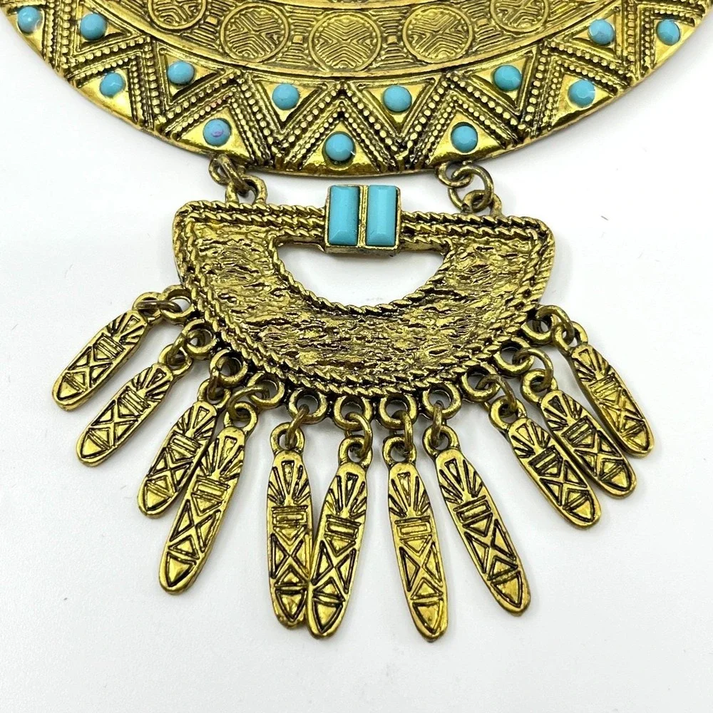 VTG Retro Antique Gold Tone Bib Statement Necklace Boho Turquoise‎ Color Accents